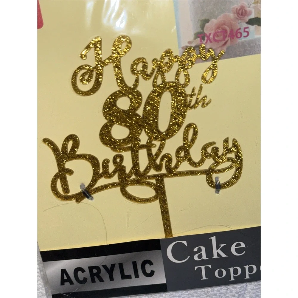 80th Birthday Cake Topper Double Side Glitter Gold Birthday Decorations NEW